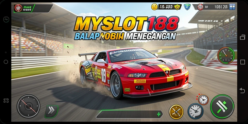 Tangkapan layar gameplay MYSLOT188 menampilkan aksi balap mobil yang seru.
