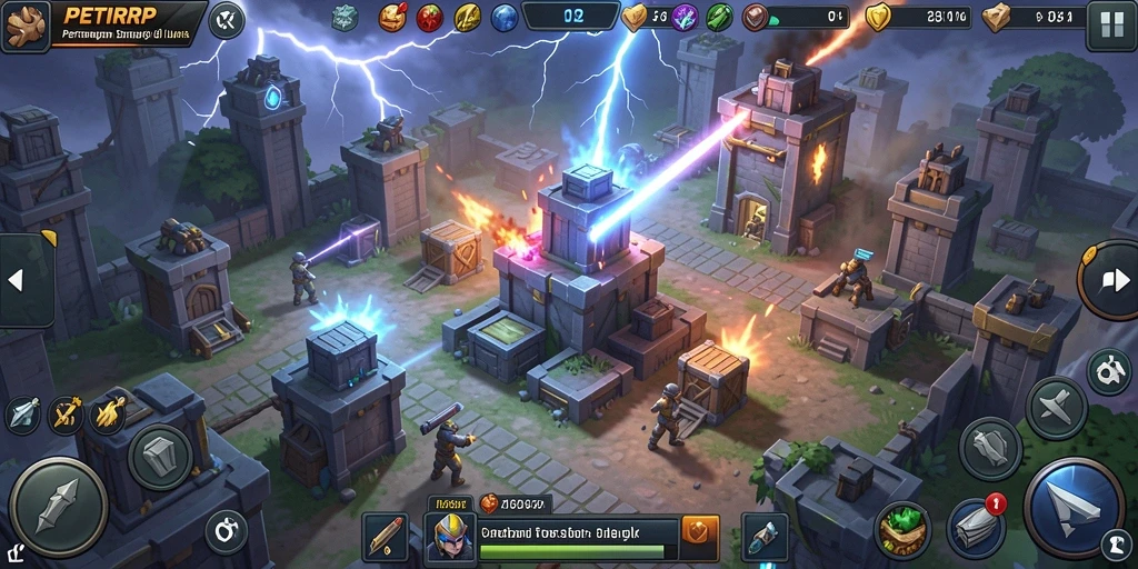 Screenshot PETIRRP menunjukkan gameplay menara yang mendebarkan dan strategis.