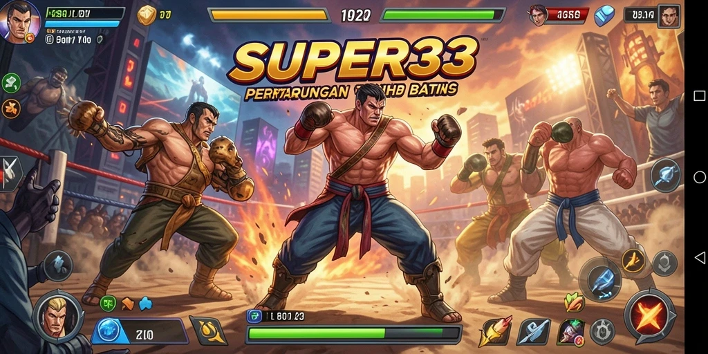 Tampilan gameplay SUPER33 dengan pertarungan yang menegangkan.