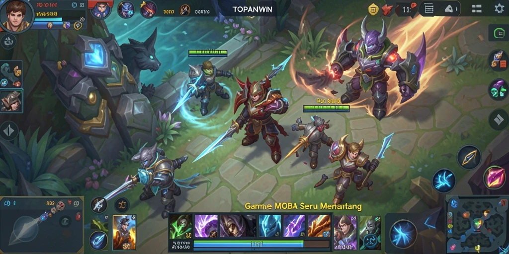 Screenshot gameplay yang menunjukkan aksi seru dalam pertandingan MOBA.