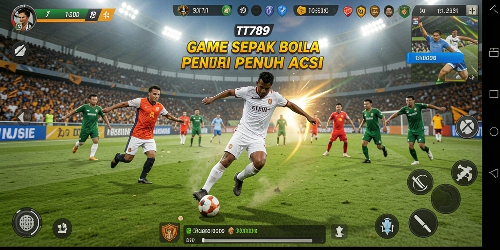 Screenshot gameplay TT789 menampilkan aksi seru di lapangan sepak bola.